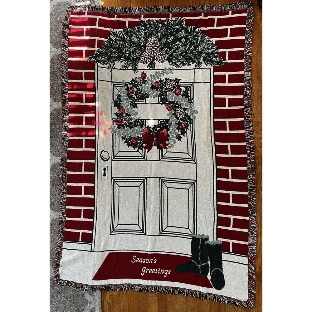 Vintage Chatham Woven Tapestry Throw Season's Greetings Cotton Blanket